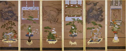 立花図屏風（左隻）　江戸時代前期　華道家元池坊総務所蔵